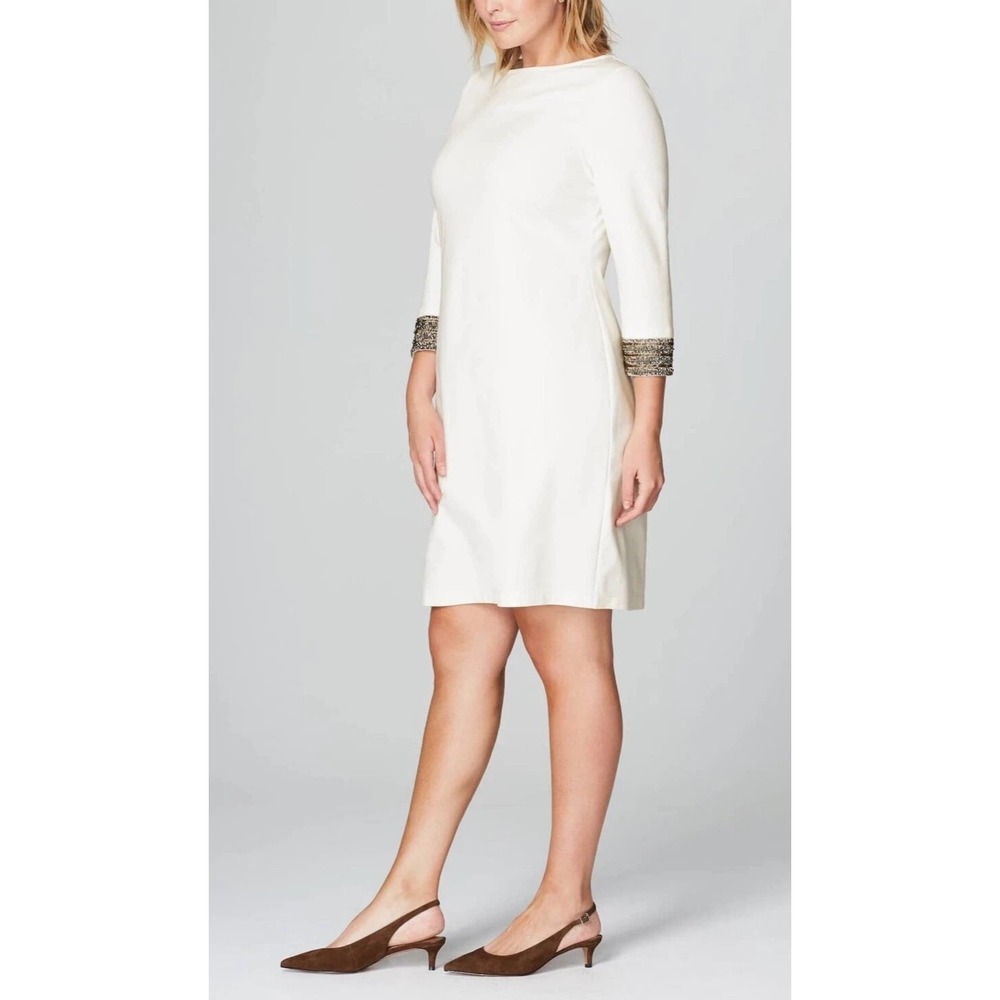 New Christian Siriano x J.Jill Cream Ponte Knit Beaded Cuff Dress Large Tall LT - Picture 8 of 16